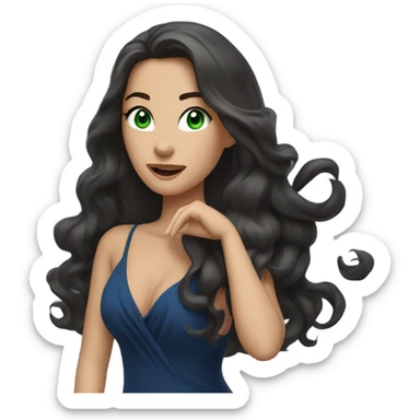 a brunette with long hair and green eyes and in a dark blue dress sends an air kiss sticker