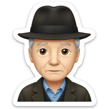 A light-skinned old man with short dark hair, and a black fedora, with an oval face and calm look. sticker