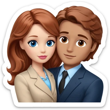 Barbie girl  , eyes blue , Chestnut red long wavy hair In pale beige clothes, Hugs a man with brown hair short haircut, brown eyes , and a black suit sticker