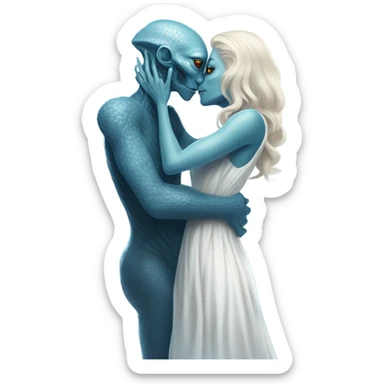 Alien reptilian woman in white dress hugs and kissing a normal "white male human man" in blue dress sticker