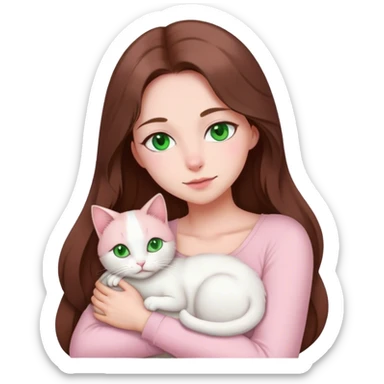 woman with very long brown hair and green eyes in a light pink outfit hugging a white cat sticker