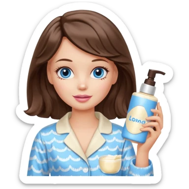 Barbie girl with makeup, blue eyes , and bob long haircut wavy, short brown hair in creamy color pajamas, face cream in hand sticker