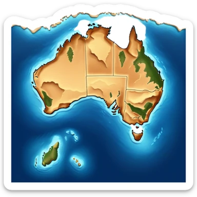 Cinematic-realistic outline of Australia, featuring its distinct landmass with accurately defined coastlines. The deep blue ocean surrounds the golden-brown continent, with subtle topographic shading to highlight its terrain. A soft glowing effect enhances the edges, making the shape stand out against a neutral, textured background. sticker