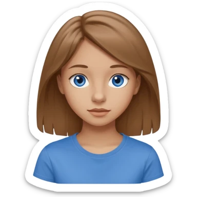 A 16-year-old girl with long, light brown hair and blue eyes. She also has slightly tanned skin, a small nose, and average-sized lips (though her lower lip is slightly larger than her upper lip). She's wearing a taupe T-shirt with a round neck.  sticker