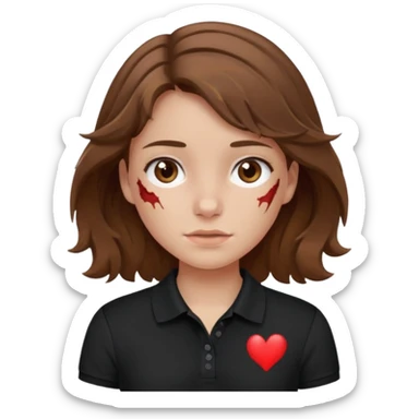 crie uma garota com ferimentos cabelo ondulado 2c castanho e blusa polo básica preta sticker