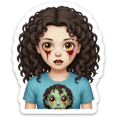 zombie girl with curly hair n brown eyes, dark and long hair 3a with wavy scalp, just a tshirt Ok but less curls and hair under te shoulder sticker