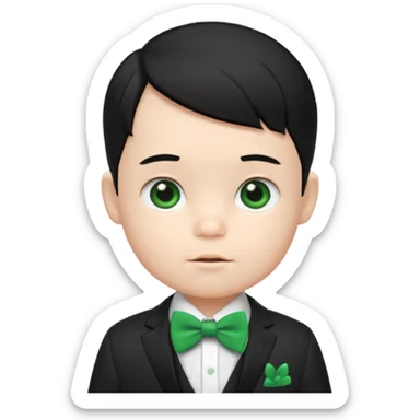 baby boy black hair white skin in suit, with green bow sticker