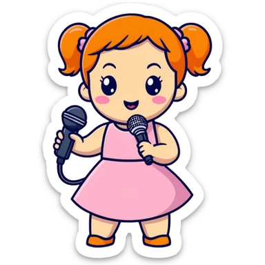 cute, energetic cartoon performer - orange pigtails, pink dress, microphone in hand, and a big "I'm about to rock this stage" pose. sticker