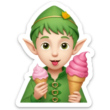 
A young elf boy in leafy clothes licking a triple-scoop ice cream with wide eyes.
baby elf with strawberry ice cream




 sticker