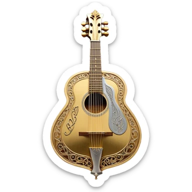 Create a complex, ceremonial, and professional emoji resembling a coat of arms, symbolizing plucked string instruments. The design should feature a combination of elements such as the necks and fretboards of various plucked string instruments like guitars, harps, and mandolins. The strings should be clearly visible, and the frets should be detailed. Intertwining with the instruments, there should be a flowing ribbon of musical notes, curving elegantly around the instruments and connecting them. The colors should include golden metallic tones, warm wood finishes, and silver accents to emphasize the professional and festive nature of the design. The background should be regal, using subtle textures or patterns to give a sense of grandeur, while keeping the instruments and notes as the focal point. The design should evoke a sense of celebration and sophistication, reflecting the rich tradition of plucked string instruments. sticker