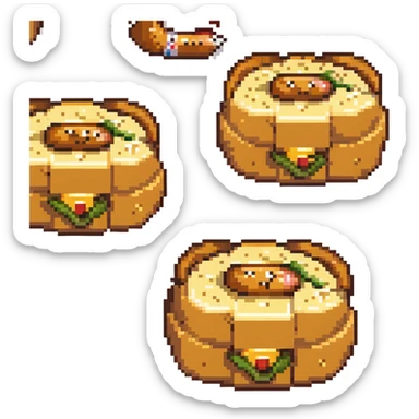 pixel art of a cartoon sausage inside a chipa Paraguayan cheese bread, playful and humorous sticker