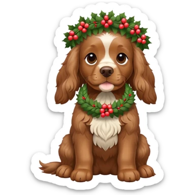 Full body shot of brown cocker spaniel sitting happily with a wreath on his head sticker