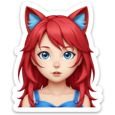 very cute anime cat-girl with cat ears, red blowing hair sticker