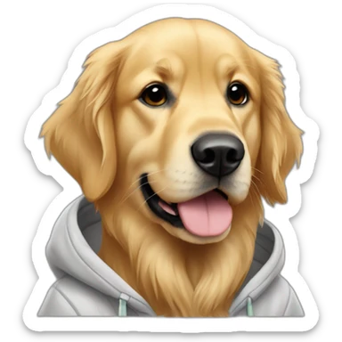 Golden retriever wearing a hoodie with the text Hola en que podemos ayudarte? sticker