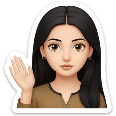 a pretty bratz fair girl with long black hair, kajal under eyes, small silver hoop. brown kurti on sticker