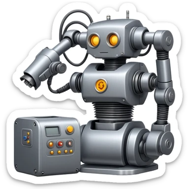 Industrial robot with exposed wiring and heavy metal plating sticker