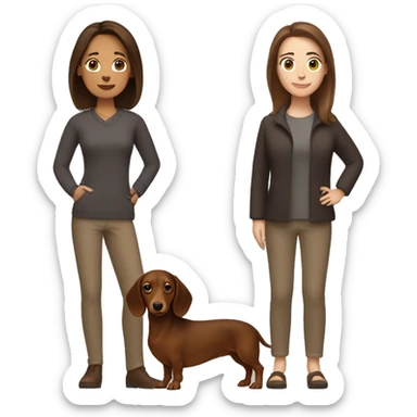 A woman with straight shoulder length brown hair holding a brown dachshund  sticker