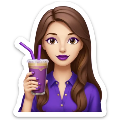 girl with long brown hair, wine lipstick, gold nails, drinking a blueberry butter pecan iced coffee with a purple straw  sticker
