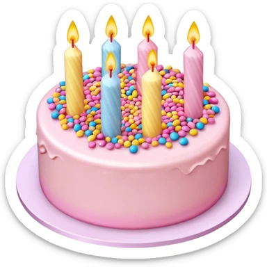 Draw a birthday cake with pink cream and topping on the top side using an isometric camera with a High-Angle Shot. sticker