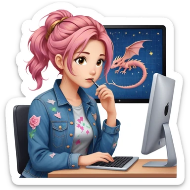 Gender: Female Hair: Rose-gold balayage in messy fishtail braid Face: Starry-eyed gaze looking past computer Clothes: Paint-splattered denim jacket over office dress Action: Doodles of dragons invading spreadsheet cells sticker