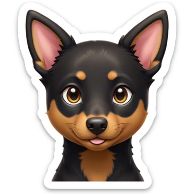 Cinematic Cute Black and Tan Kelpie Portrait Emoji, Head tilted playfully and inquisitively, featuring a sleek black Fur with vibrant tan markings, round, sparkling dark eyes filled with curiosity, Simplified yet irresistibly adorable features, highly detailed, glowing with a warm, friendly glow, high shine, affectionate and spirited, stylized with a touch of whimsy, bright and endearing, soft glowing outline, capturing the essence of a mischievous yet loving herder, so playful it feels like it could leap out of the screen and into your arms! sticker