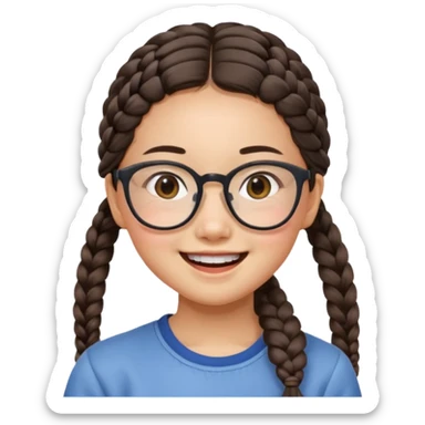 14-year-old Asian girl with a side braid, square glasses, face tilted, smiling loudly sticker