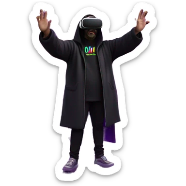 Big Lebowski wearing a black hoodie with "OMG" letters on it and VR headset oculus quest 2 in a cyberpunk VR environment with violet neon lighting. Showing direction with hand sticker