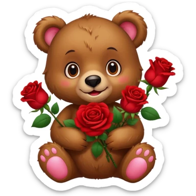 Cute bear with 🥹  eyes holding roses with this emoji expression  sticker