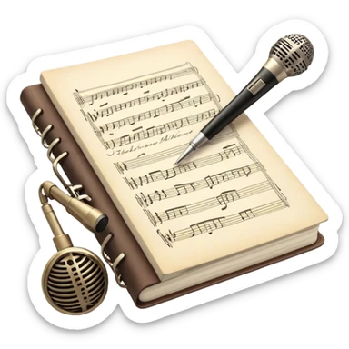 Create an emoji representing songwriting. The design should feature an open notebook or sheet music with visible lyrics and musical notes, symbolizing the process of writing song lyrics. A pen or pencil should be placed near the notebook, indicating active writing. Optionally, include a vintage microphone or a quill to add a creative touch. Use a harmonious color palette with warm and neutral tones. Do not include any emojis or smiley faces. Make the background transparent. sticker