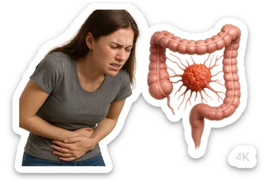 donna giovane piegata in avanti con mal di pancia e cellula tumorale che danneggia il colon, iperrealistica 4k sticker