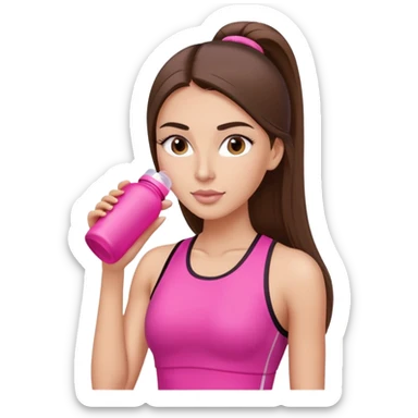 Mujer bella de pelo largo lacio castaño, cejas marcadas, labios definidos, nariz grande, pestañas largas que lleva ropa deportiva y una botella deportiva rosa  sticker