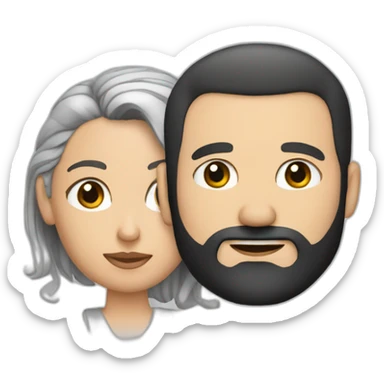 white man with black buzz cut and beard hanging matt woman with wavy dark hair sticker
