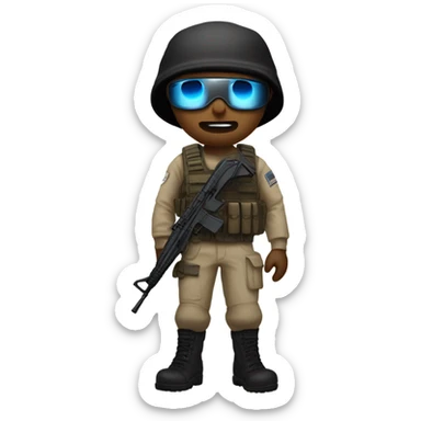 White male, call of duty mask, tan tactical gear, tan pants, combat boots, black beanie, blue eyes sticker