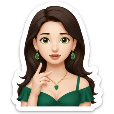 pretty bratz genmoji that, wearing a dark green sweetheart neckline top, dark brown hair, light makeup, no necklace, dangly earrings, SIDE hair part, fair. dark brown eyes, long hair
SHe should look like tamannaah bhatia - bollywood actress
Show her licking her finger  sticker