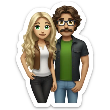 (brunette, brown eyed, madison beer) standing next to (handsome long hair blonde man, mustache, blue/green eyes, brown glasses) sticker