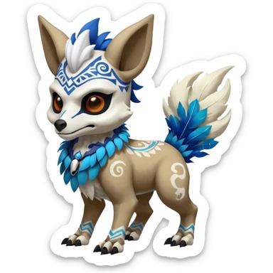 Furry cute colorful exotic tribal feral anime-styled duskull-Cubone-Fakémon-Pokémon-animal-creature with a white wolf-skull-head-mask-face, and blue feathers around neck, with long furry ears, long furry tail, 4 legs, (full body), with intricate pattern-markings sticker