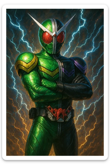 Kamen Rider W, standing with arms crossed, confident, stylized tokusatsu look sticker