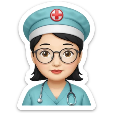 OLD ASIAN WOMAN WITH GLASSES, NURSE SCRUBS, CAP, BLACK HAIR, CHUBBY sticker