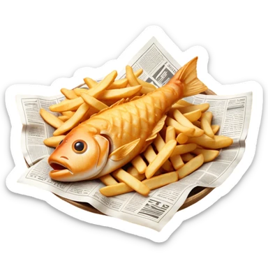 Cinematic Realistic Fish and Chips Dish Emoji, depicted with crispy golden battered fish and chunky hand‚Äêcut chips served in traditional newspaper wrapping, rendered with mouth‚Äêwatering texture and warm natural lighting that captures its quintessential British charm. sticker