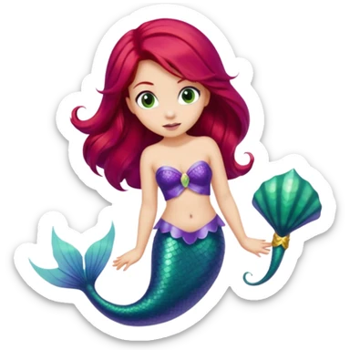 Ariel from Disney's The Little Mermaid, looking curious, with red hair, purple seashell top, and green mermaid tail, apple-style emoji art sticker