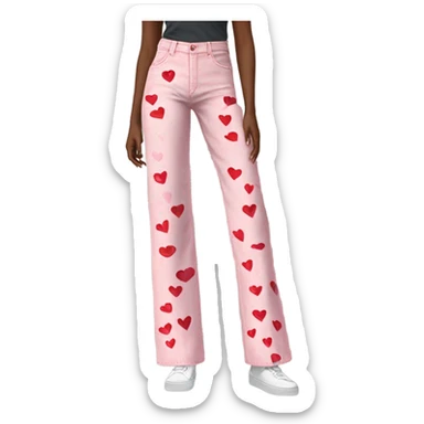 Realistic long Wide leg high waisted pink jeans with small red hearts print, isolated sticker