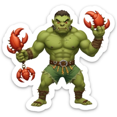 orc male flexing with giant crab. Torn net shorts, claw trophy belt sticker