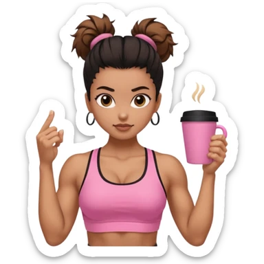 Caramel skinned toned female with a black messy bun for hair. Her eyes are a coffee color brown and almond shaped. She’s wearing a pink sports bra and showing off her flexed muscular toned biceps. sticker