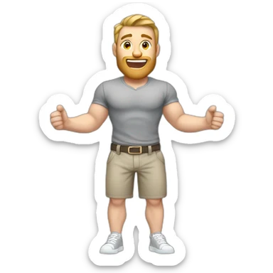 To belt Actively gesturing with hands Pale skinned Fit Man With the biceps and light brown hair in gray shirt, gray oversize sports shorts and white Sneakers sticker