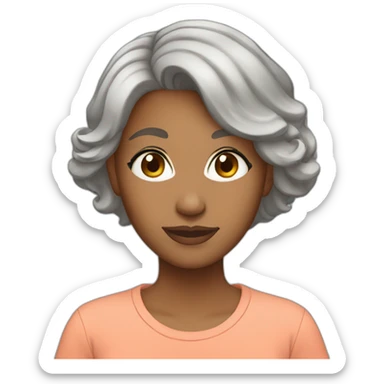 Brown woman short grey hair brown eyes with a salmon color T-shirt sticker