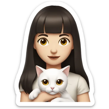 A pale girl with dark brown hair and dark brown eyes and bangs holds a white cat in her hands sticker