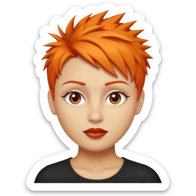 A person emoji with light skin, short spiky orange hair swept to one side, matching orange eyebrows, brown eyes, an oval-shaped face, a small nose, and dark lipstick. sticker