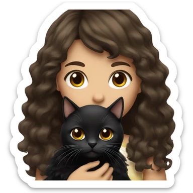 brunette female with bangs and wavy long hair with brown eyes holding chunky black cat sticker