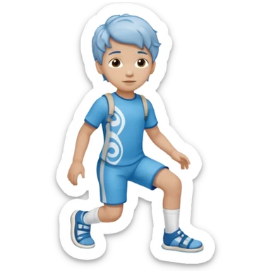 A little male child with a blue/beige outfit and  curled light brown hair and he wears shoes which are orthopedic ankle-foot orthosises.The brace goes just below the knee and its with a bright blue water-like pattern with a spiral side design. sticker