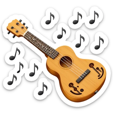 Create a cheerful and compact emoji representing a ukulele. The design should feature the small, wooden body of the ukulele with its smooth curves and visible strings. Highlight the sound hole and fretboard with subtle detailing to show the instrument’s craftsmanship. The wooden finish should be light, such as honey or natural wood tones, with dark accents for the fretboard and bridge. Add musical notes or soundwaves floating around the ukulele to evoke its bright, happy sound. The background should be transparent. sticker